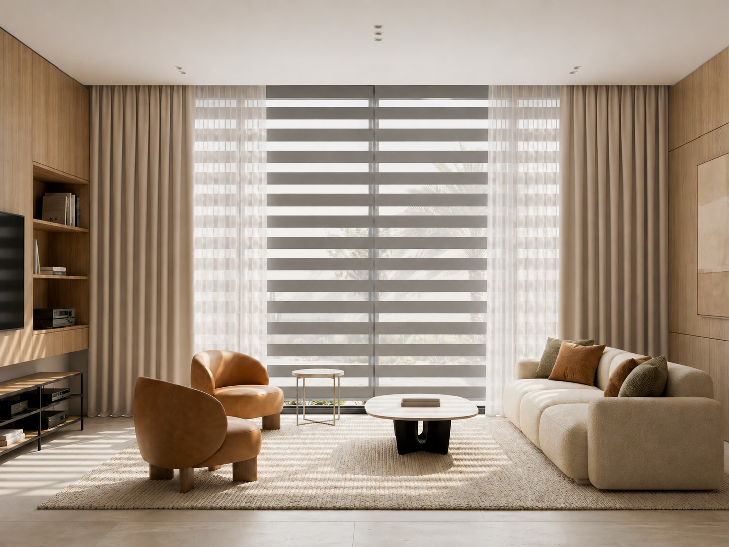 Rainbow blind combined with fabric curtain