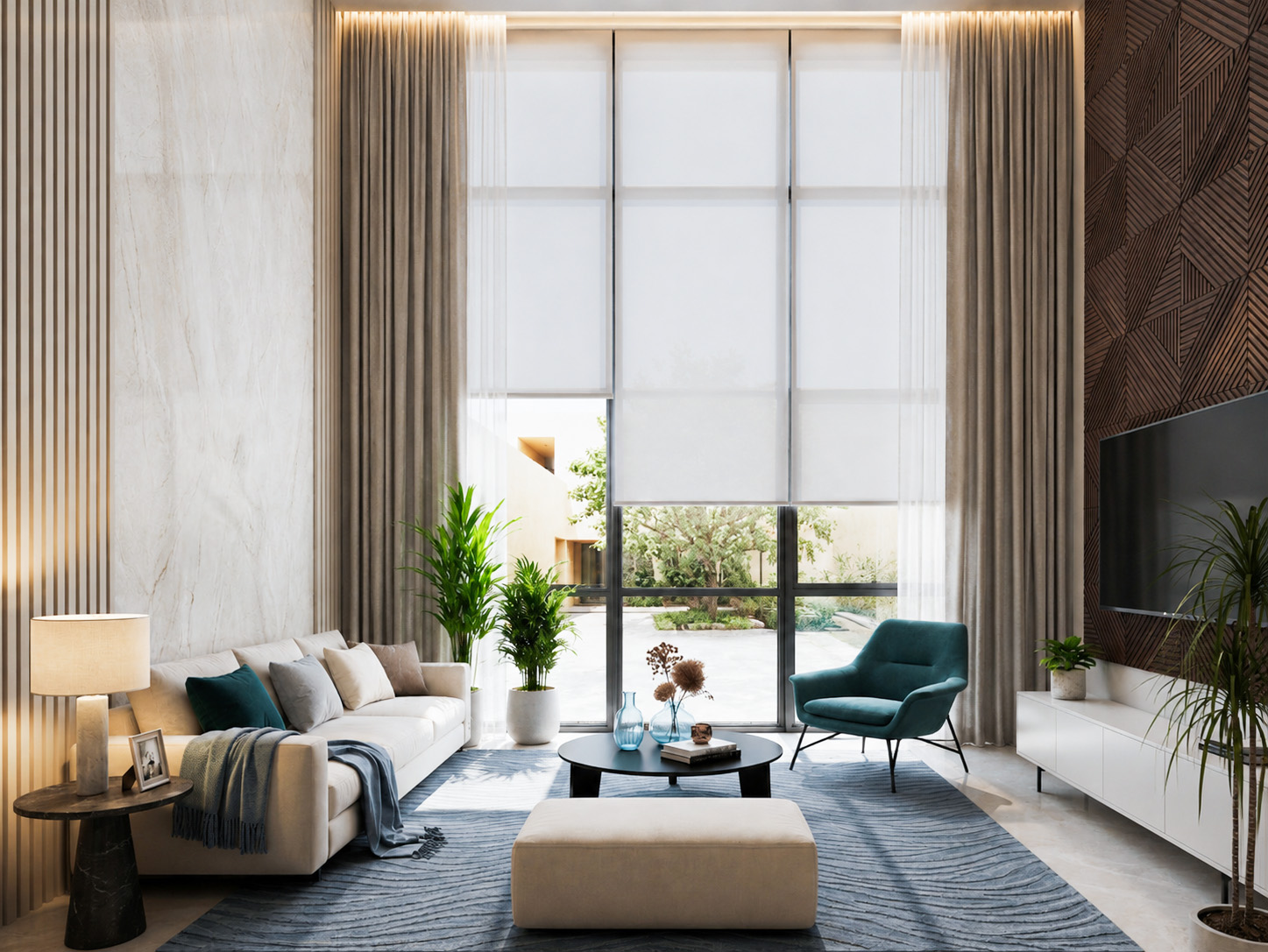 Roller blind combined with fabric curtain
