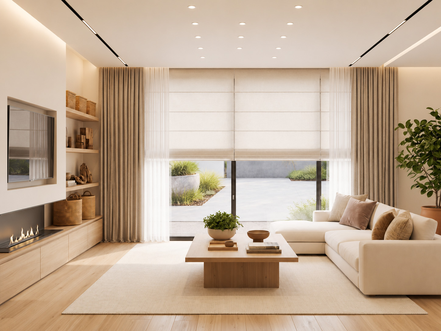 Roman blind combined with fabric curtain