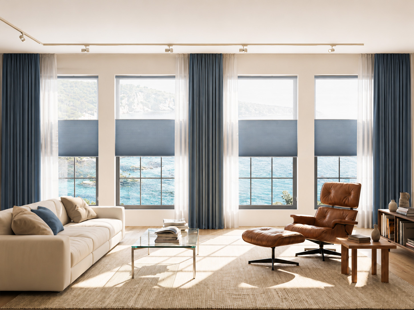 Honeycomb blind combined with fabric curtain